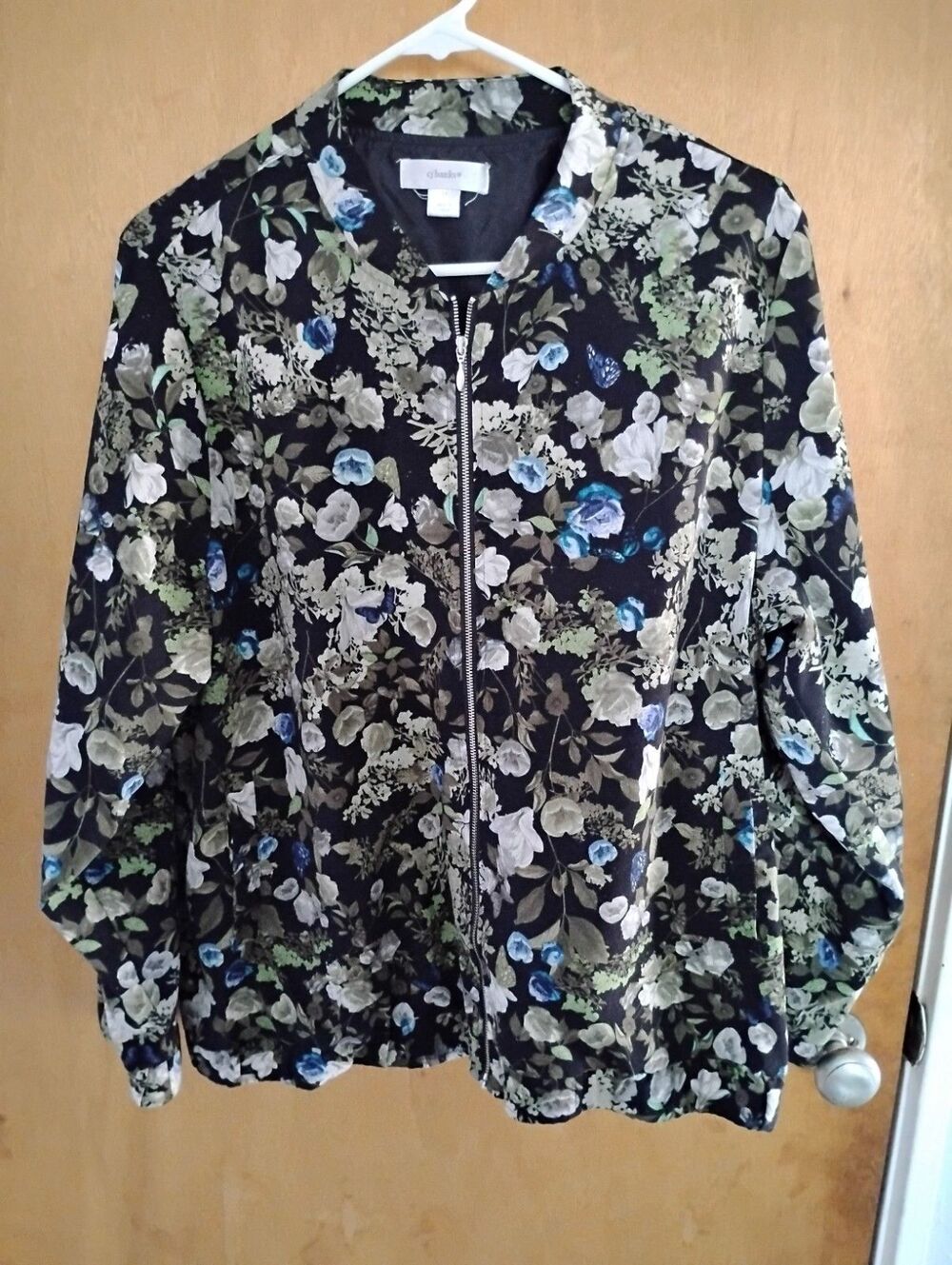 CJ Banks Black Blue Green Botanical Bomber Jacket Boho Grunge Goth Plus Size 1X